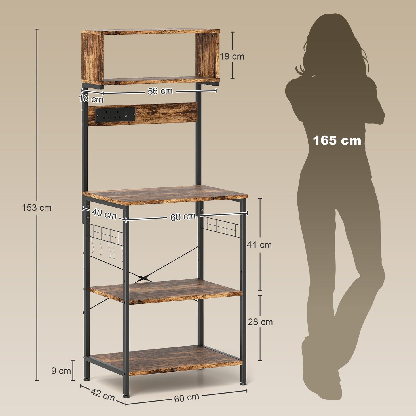 HOMCOM Kitchen Storage Rack, Bakers Rack with Power Outlet, USB Charger, Rustic Brown