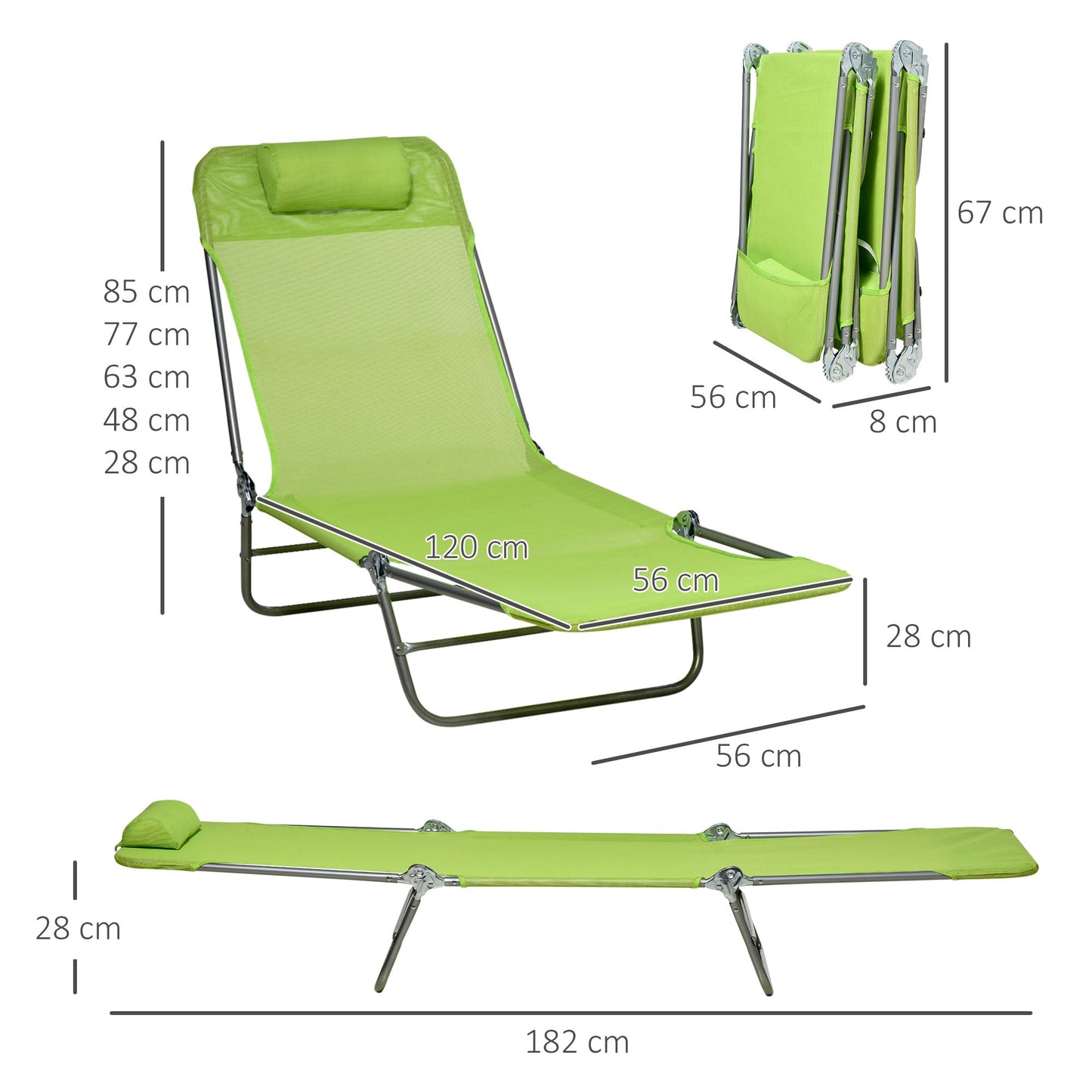 Outsunny Folding Sun Lounger Set of 2, Outdoor Day Beds with Pillow, Reclining Back, Steel Frame and Breathable Mesh for Beach, Yard, Patio, Green