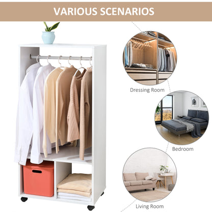 HOMCOM Open Wardrobe on Wheels, Bedroom Wardrobe with Clothes Hanging Rail, 2 Storage Shelves, Mobile Garment Rack for Cloakroom, Hallway, White