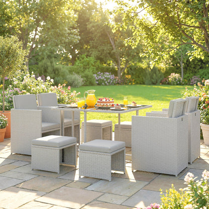 Outsunny 9 Piece Rattan Cube Garden Furniture Dining Set with Armchairs, Footstools and Glass-Top Table, Light Grey