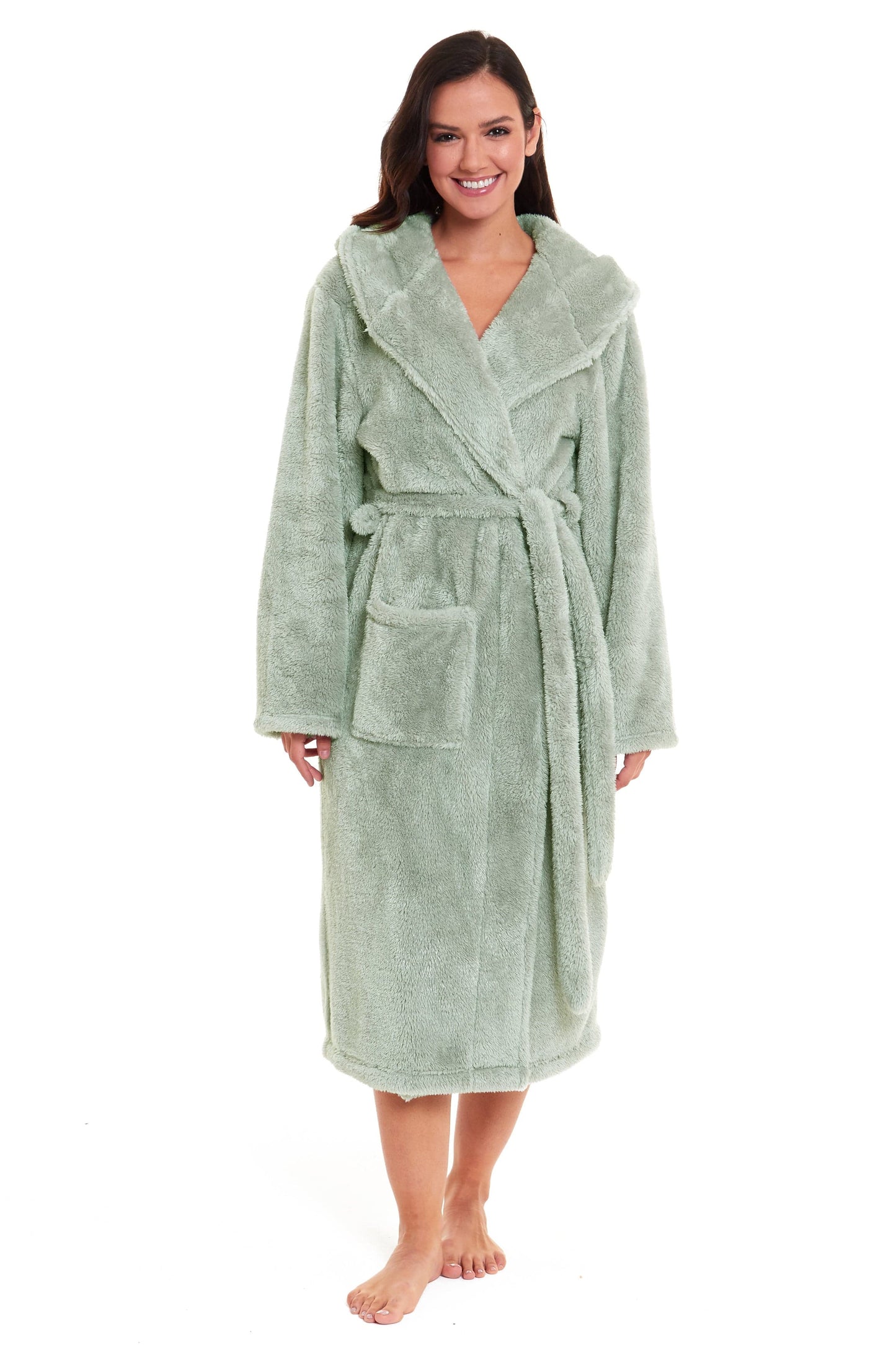 OLIVIA ROCCO Womens Sage Green Fleece Touch Hooded Robe Extra Long Ultra Soft Velvet-Feel Finish UK Sizes 8-22 Cozy Loungewear