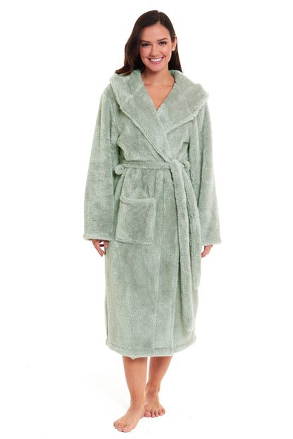 OLIVIA ROCCO Womens Sage Green Fleece Touch Hooded Robe Extra Long Ultra Soft Velvet-Feel Finish UK Sizes 8-22 Cozy Loungewear