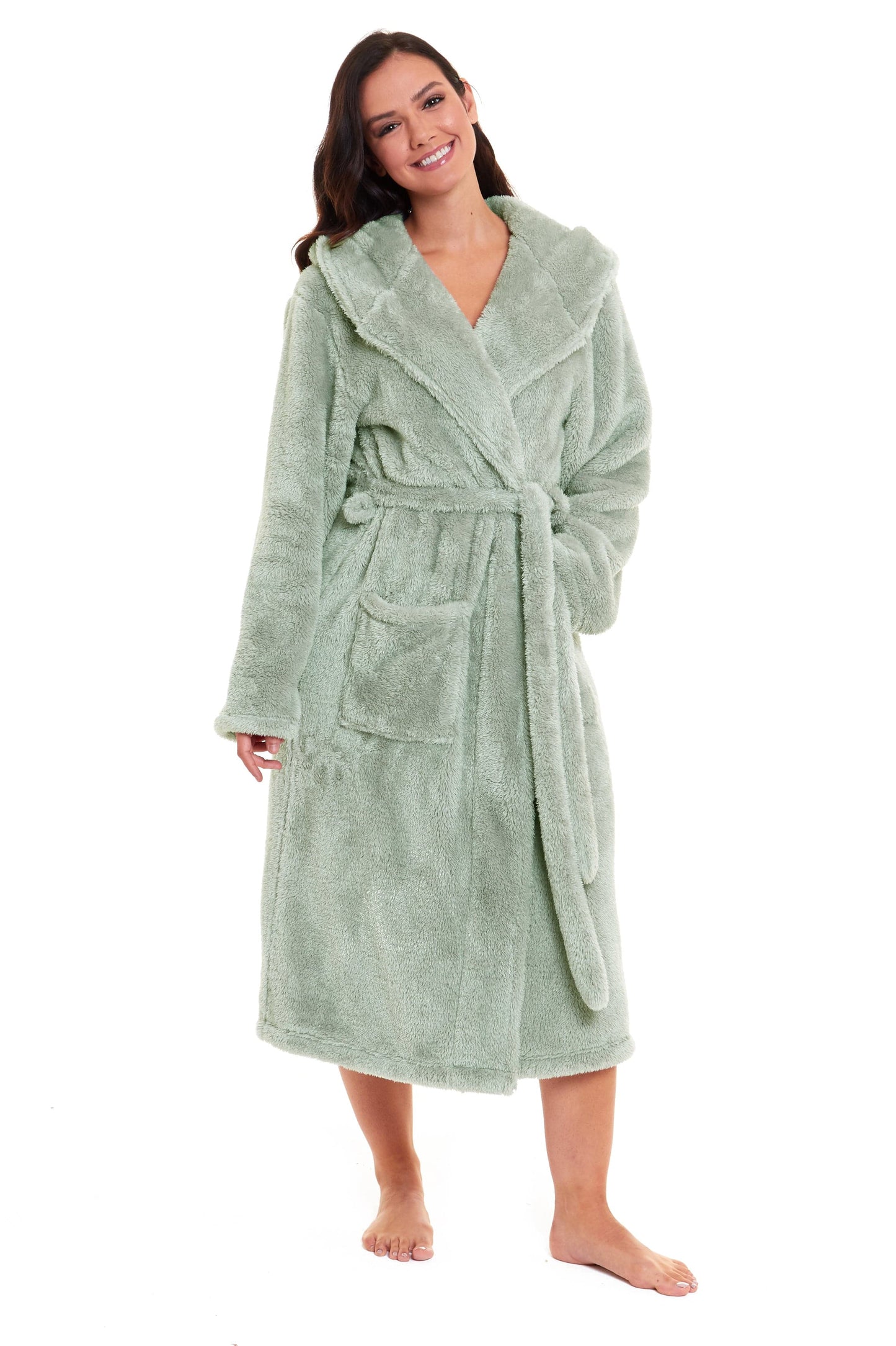 OLIVIA ROCCO Womens Sage Green Fleece Touch Hooded Robe Extra Long Ultra Soft Velvet-Feel Finish UK Sizes 8-22 Cozy Loungewear