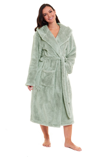 OLIVIA ROCCO Womens Sage Green Fleece Touch Hooded Robe Extra Long Ultra Soft Velvet-Feel Finish UK Sizes 8-22 Cozy Loungewear