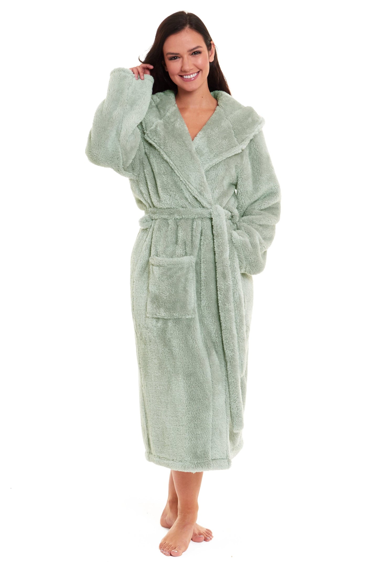 OLIVIA ROCCO Womens Sage Green Fleece Touch Hooded Robe Extra Long Ultra Soft Velvet-Feel Finish UK Sizes 8-22 Cozy Loungewear