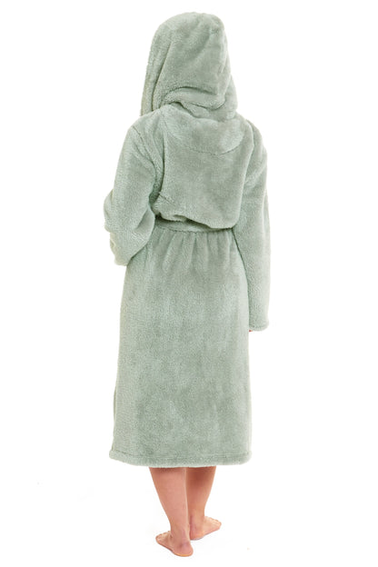 OLIVIA ROCCO Womens Sage Green Fleece Touch Hooded Robe Extra Long Ultra Soft Velvet-Feel Finish UK Sizes 8-22 Cozy Loungewear