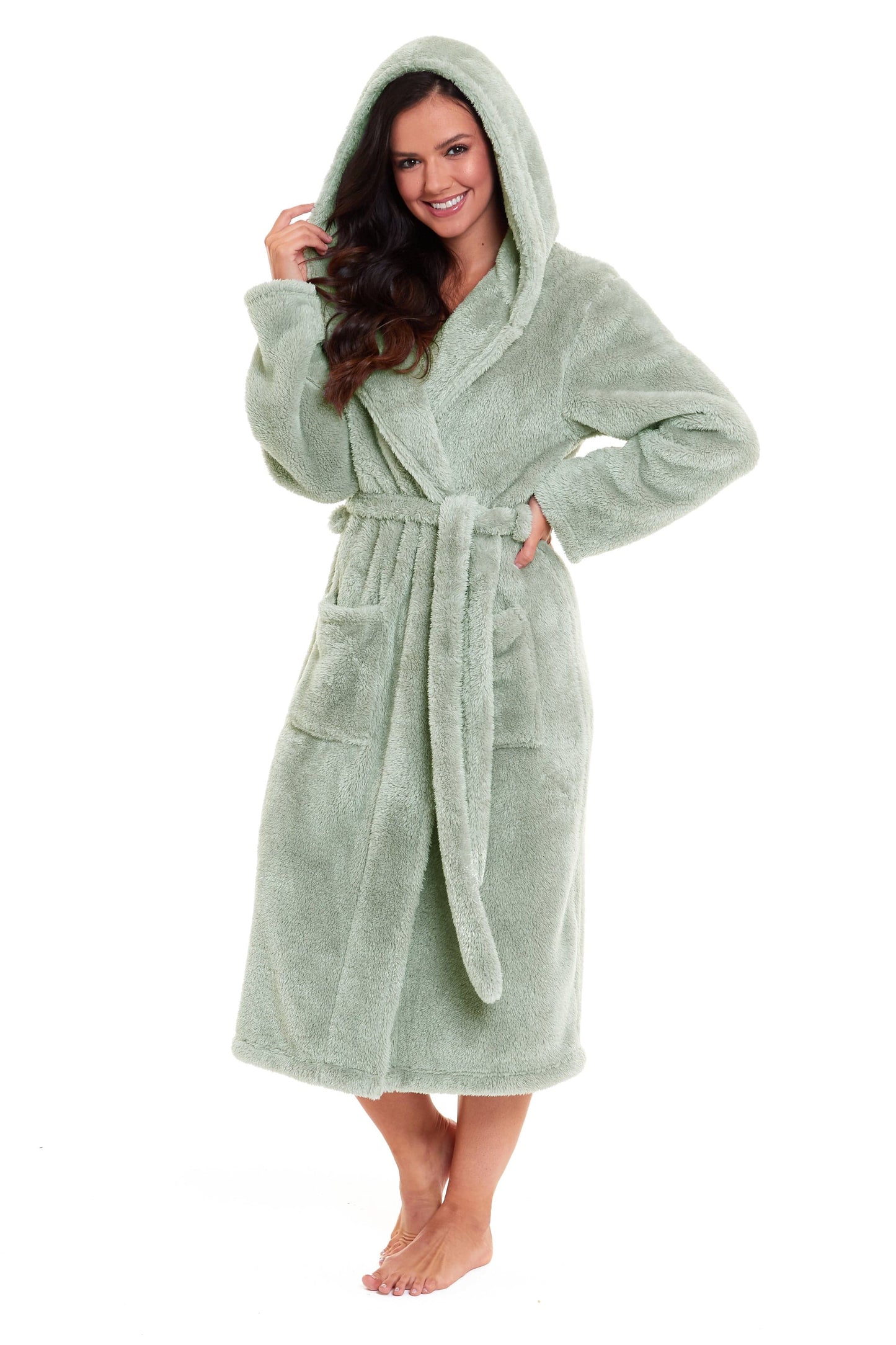 OLIVIA ROCCO Womens Sage Green Fleece Touch Hooded Robe Extra Long Ultra Soft Velvet-Feel Finish UK Sizes 8-22 Cozy Loungewear