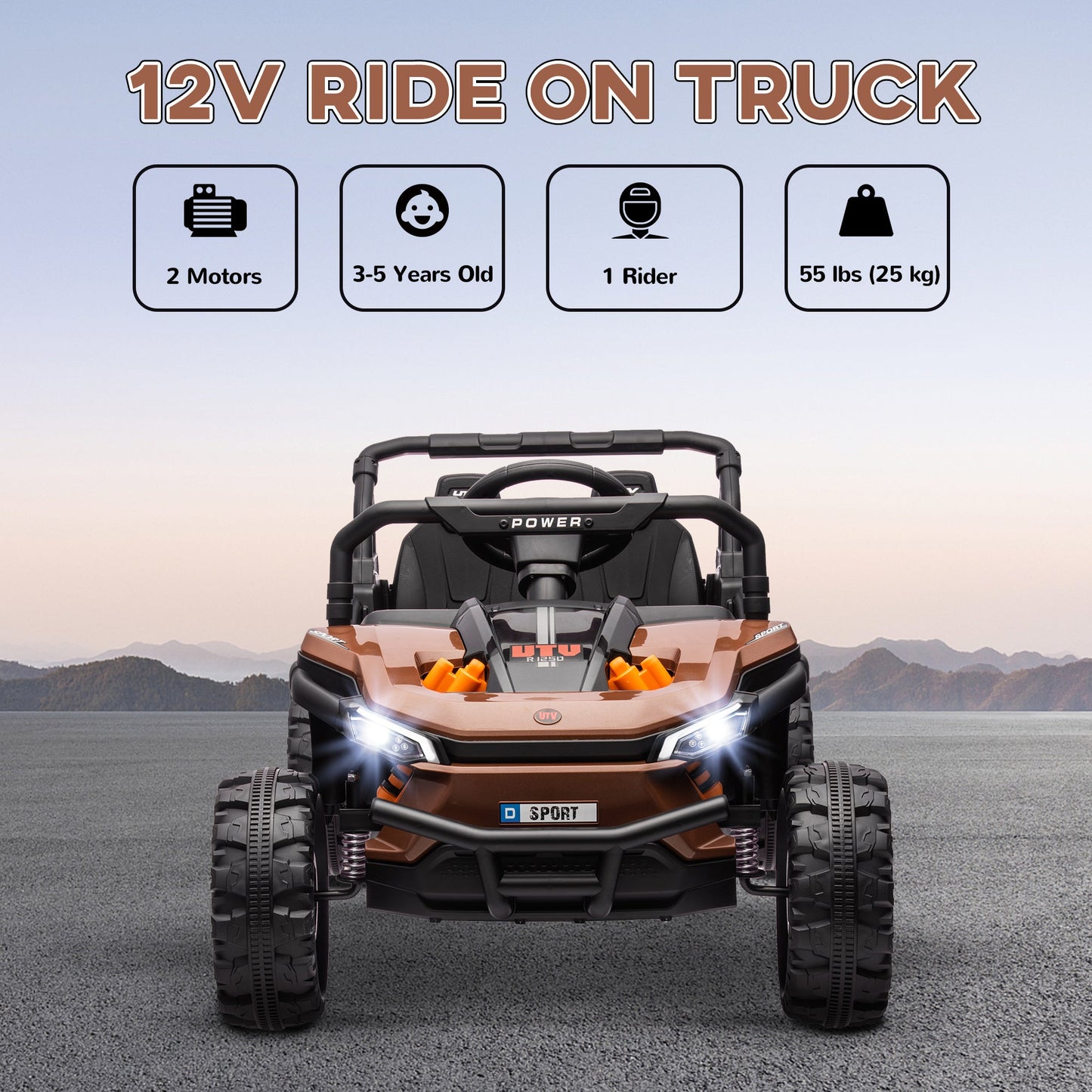 AIYAPLAY 12V Battery Powered Ride on Truck w/ Remote, Four Suspension Wheels, Horn, Lights, Music, USB, for Ages 3-5 Years, Brown