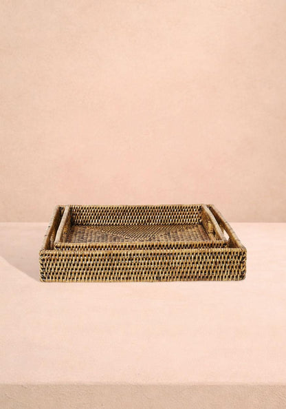Pair of Square Rattan Trays in Classic Brown
