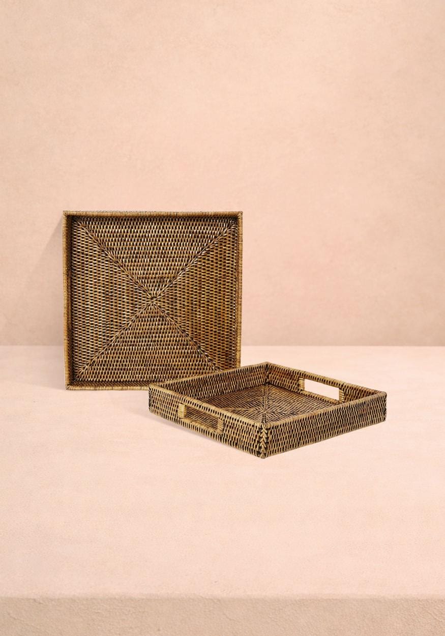 Pair of Square Rattan Trays in Classic Brown