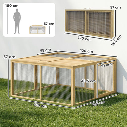 PawHut Wooden Folding Rabbit Hutch, for 2-3 Rabbits - Natural Wood