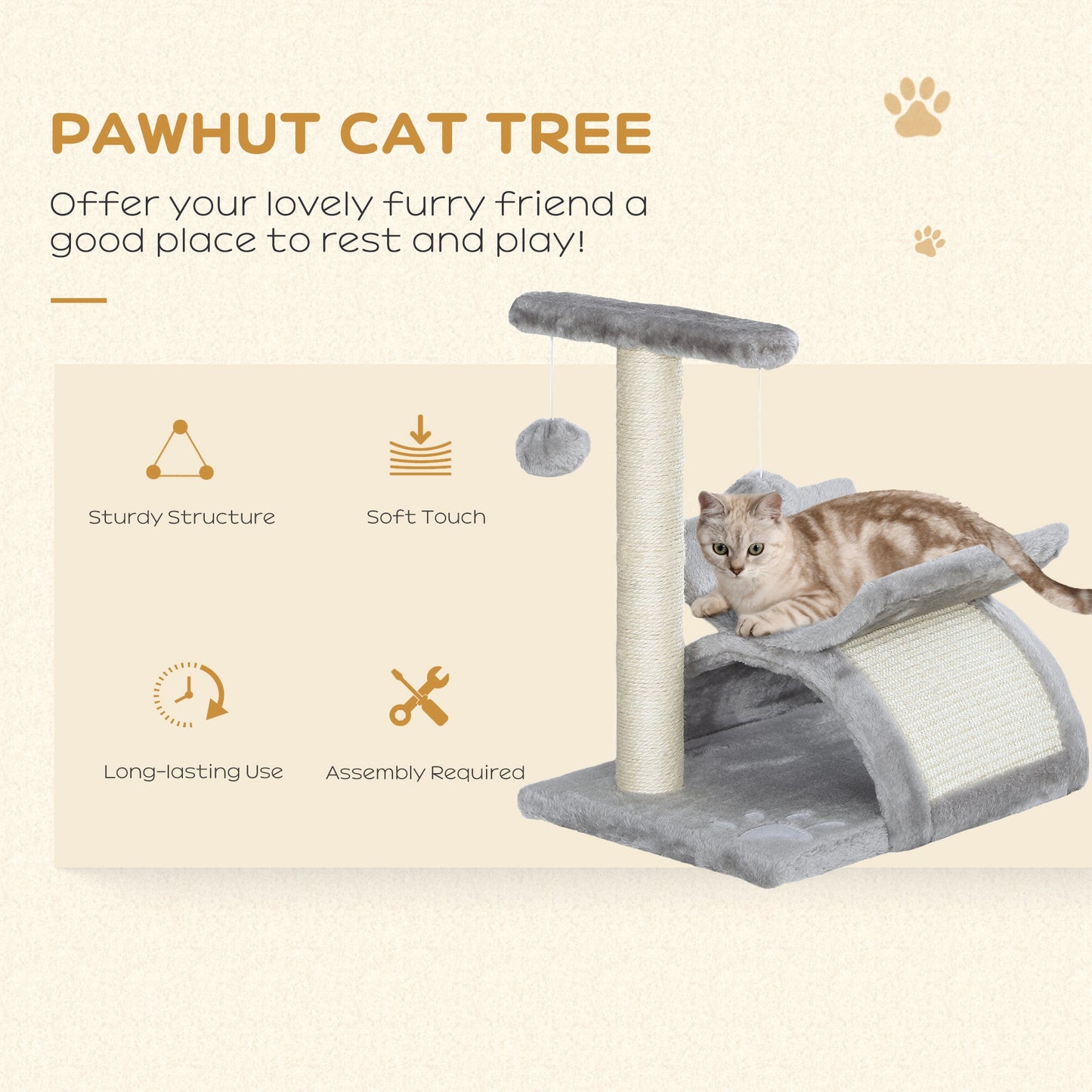 PawHut Cat Tree, Cat Tower for Kittens, Small Cat Condo with Rotatable Top Bar, Sisal Scratching Post, Tunnel, Dangling Balls - Grey