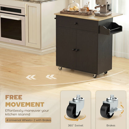 HOMCOM Kitchen Island with Drop Leaf, Rolling Kitchen Storage Trolley on Wheels with Drawer, Spice Rack and Towel Rack, Black