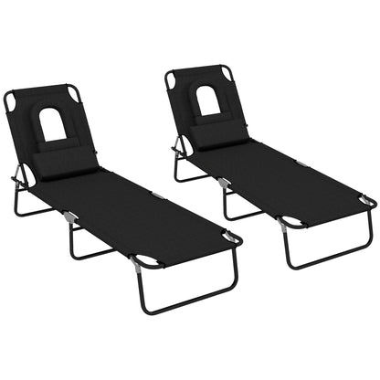 Outsunny Outdoor Foldable Sun Lounger Set of 2, 4 Level Adjustable Backrest Reclining Sun Lounger Chair with Pillow and Reading Hole, Black