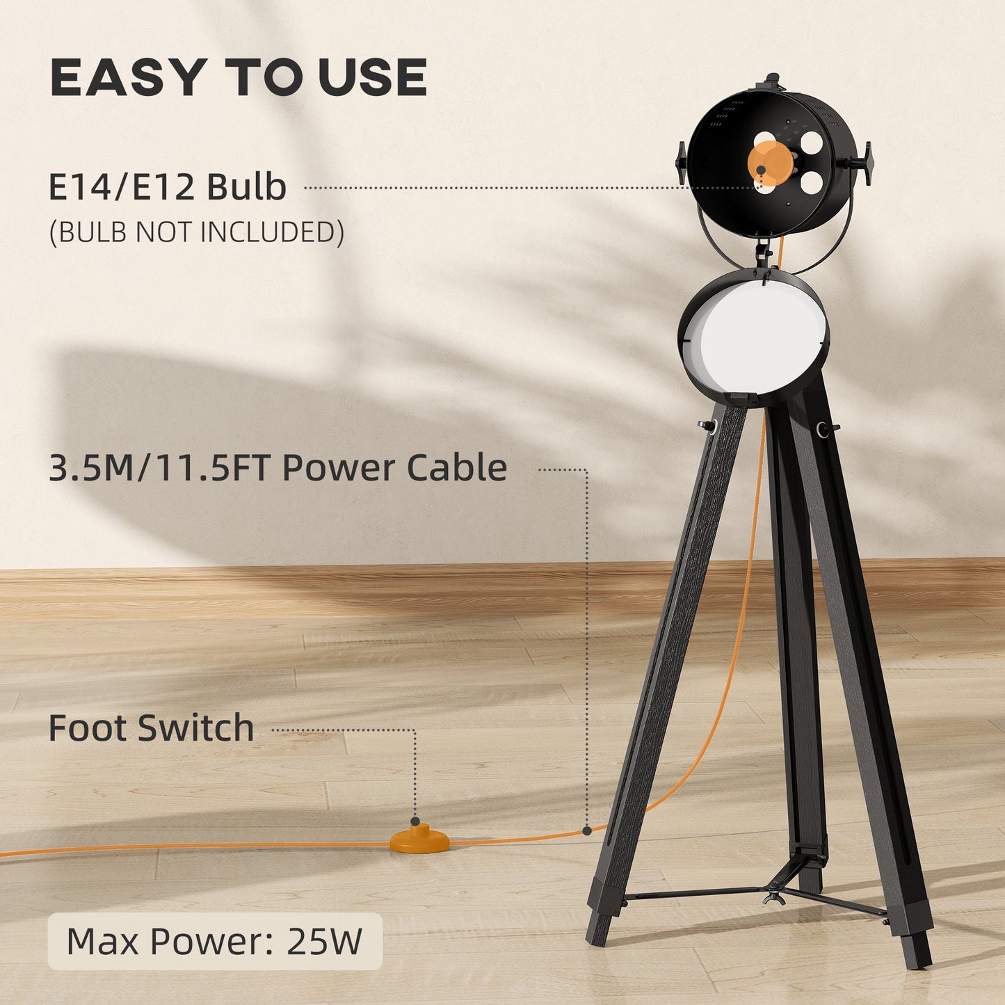 HOMCOM Industrial Tripod Floor Lamp, Nautical Searchlight with Adjustable Height, Wood Legs, E14 Lamp Base for Living Room, Bedroom, Black