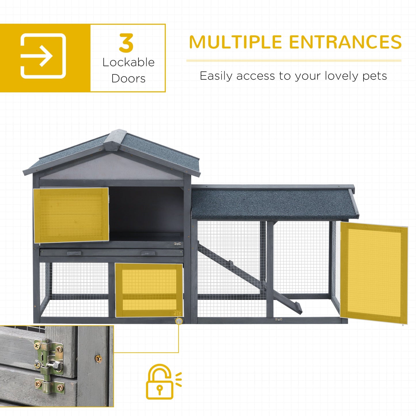 PawHut Wooden Rabbit Hutch Outdoor, Double Tier with Water-Resistant Roof, Ramp 147 x 54 x 84 cm, Grey