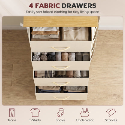 HOMCOM Chest of Drawers with 4 Fabric Drawers, Tall Storage Unit with 2 Hooks and Steel Frame for Bedroom, Beige