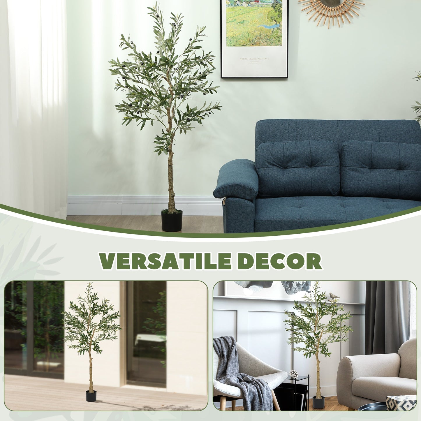 HOMCOM 5ft/ 150cm Decorative Artificial Plant, Silk Olive Tree with 720 Leaves and 32 Olive Fruits in Pot, Fake Plant for Home, Office, Living Room, Indoor Decor