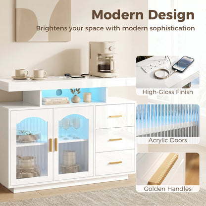 HOMCOM High Gloss Sideboard with LED Lights, Built-in Power Outlets, 3 Drawers, Shelves and 2 Acrylic Doors, White