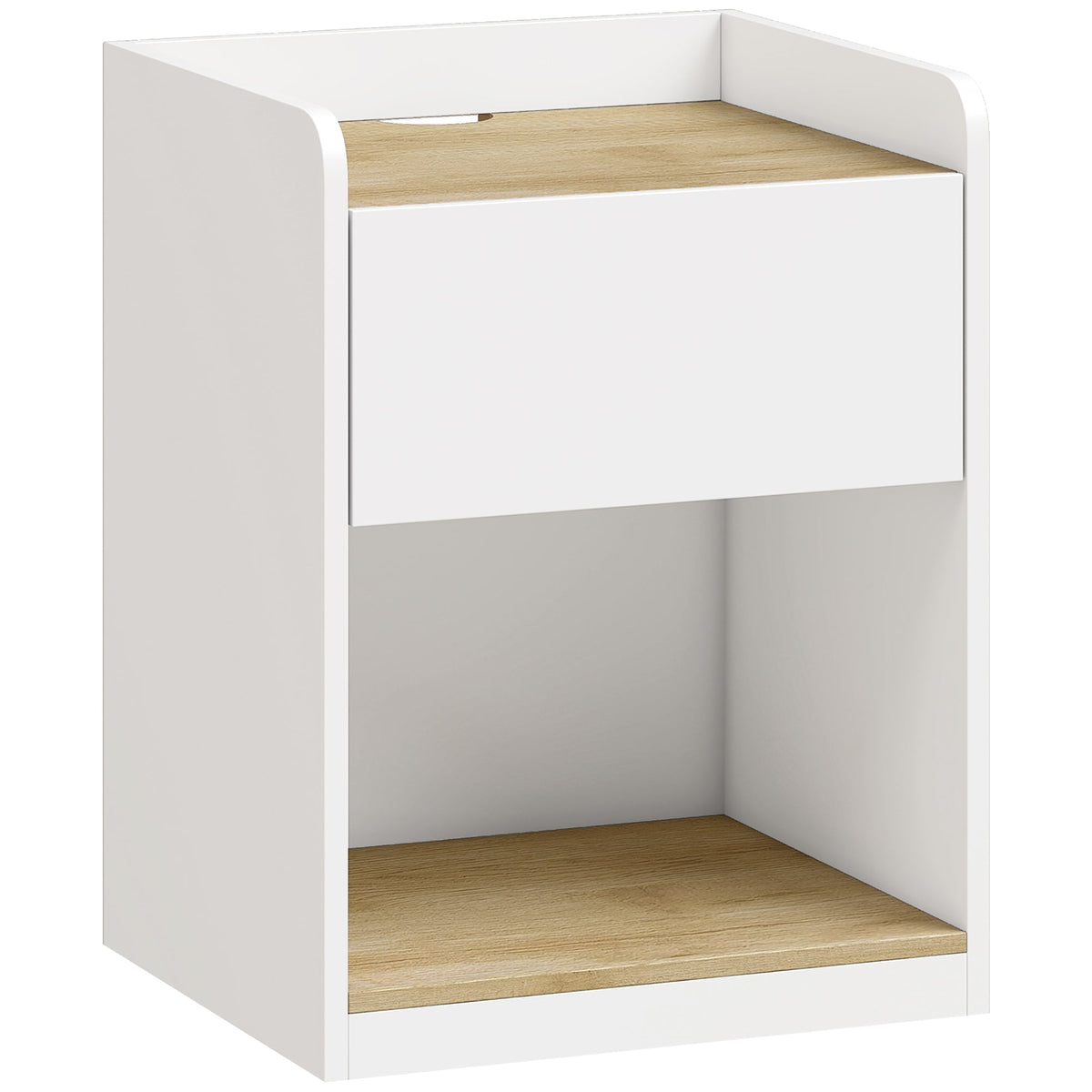 HOMCOM Modern Bedside Table, Slim Nightstand with Drawer, Shelf and Cable Holes, White and Oak