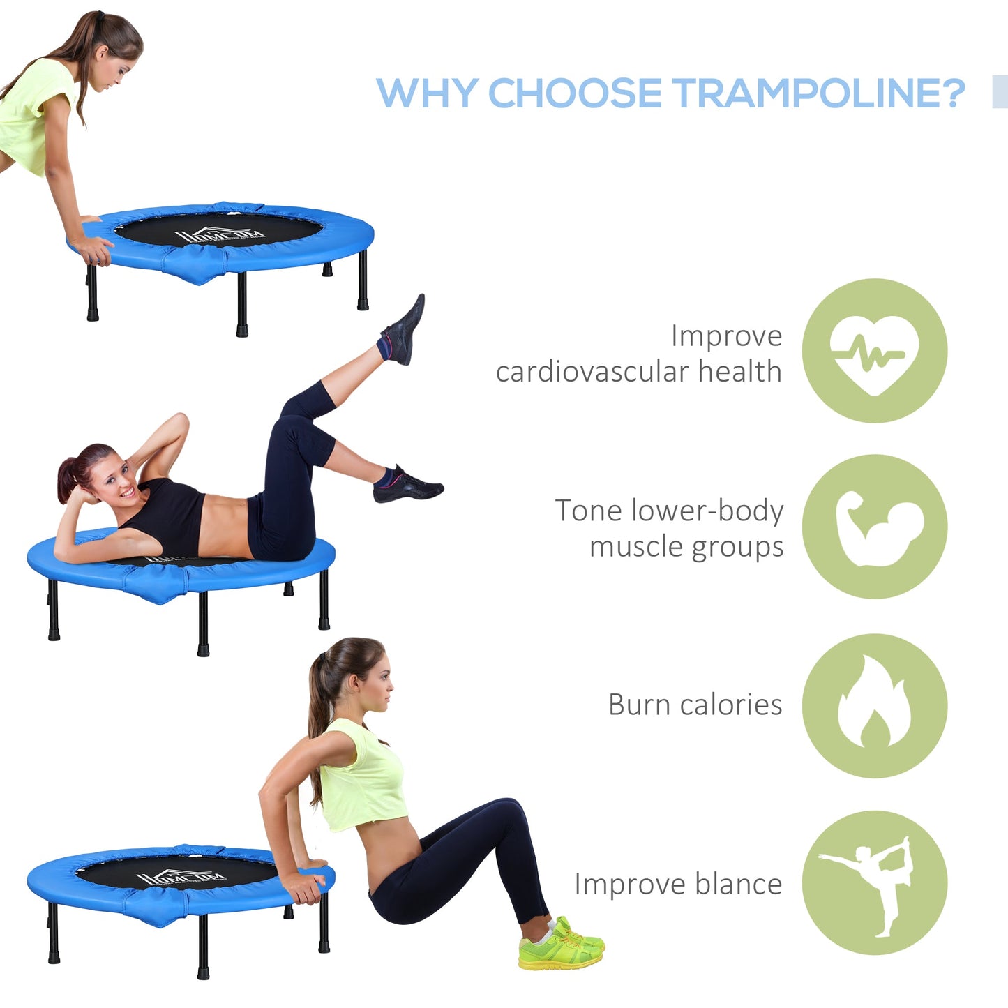 HOMCOM \'ce\'a696cm Mini Fitness Trampoline Home Gym Yoga Exercise Rebounder Indoor Outdoor Jumper with Safety Pad, Support Up to 100 KG, Blue and Black