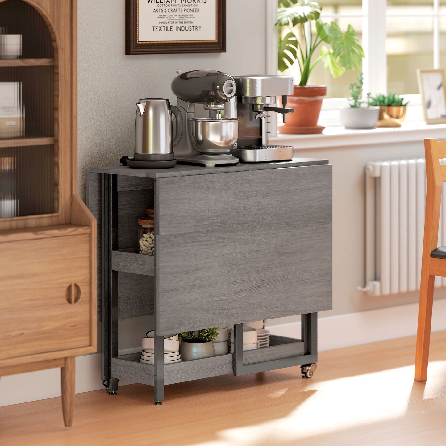HOMCOM Industrial Folding Dining Table, Drop Leaf Table with Open Compartments for Small Spaces, Kitchen, Dining Room, Grey