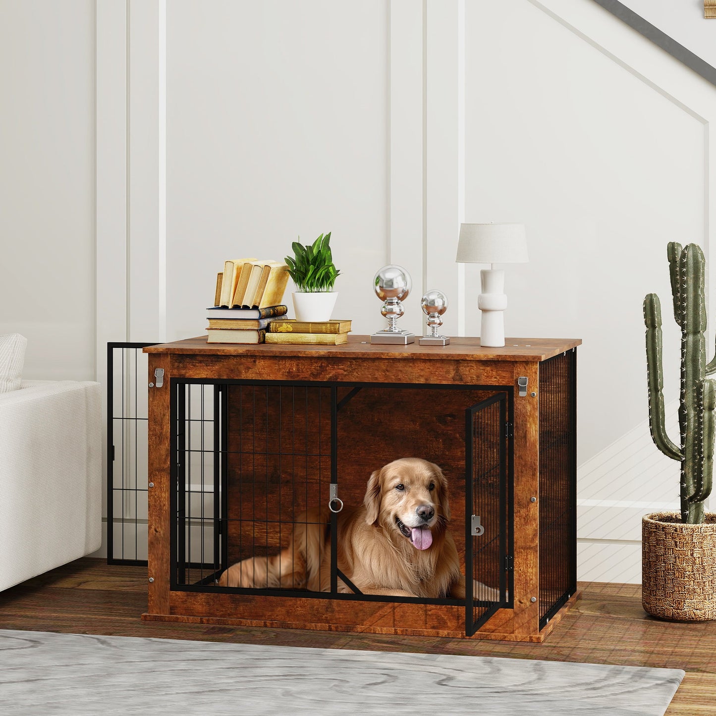 PawHut Dog Crate Furniture with Flip-up Top, 2 Doors, for Large Dogs, 98 x 60 x 65.5cm, Rustic Brown