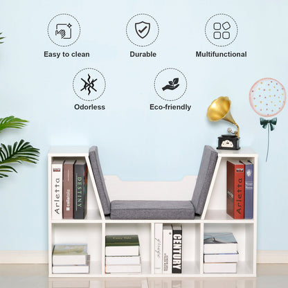 HOMCOM Bookcase Storage Shelf with Cushioned Reading Seat, Cube Bookshelf Organizer for Bedroom Living Room, White