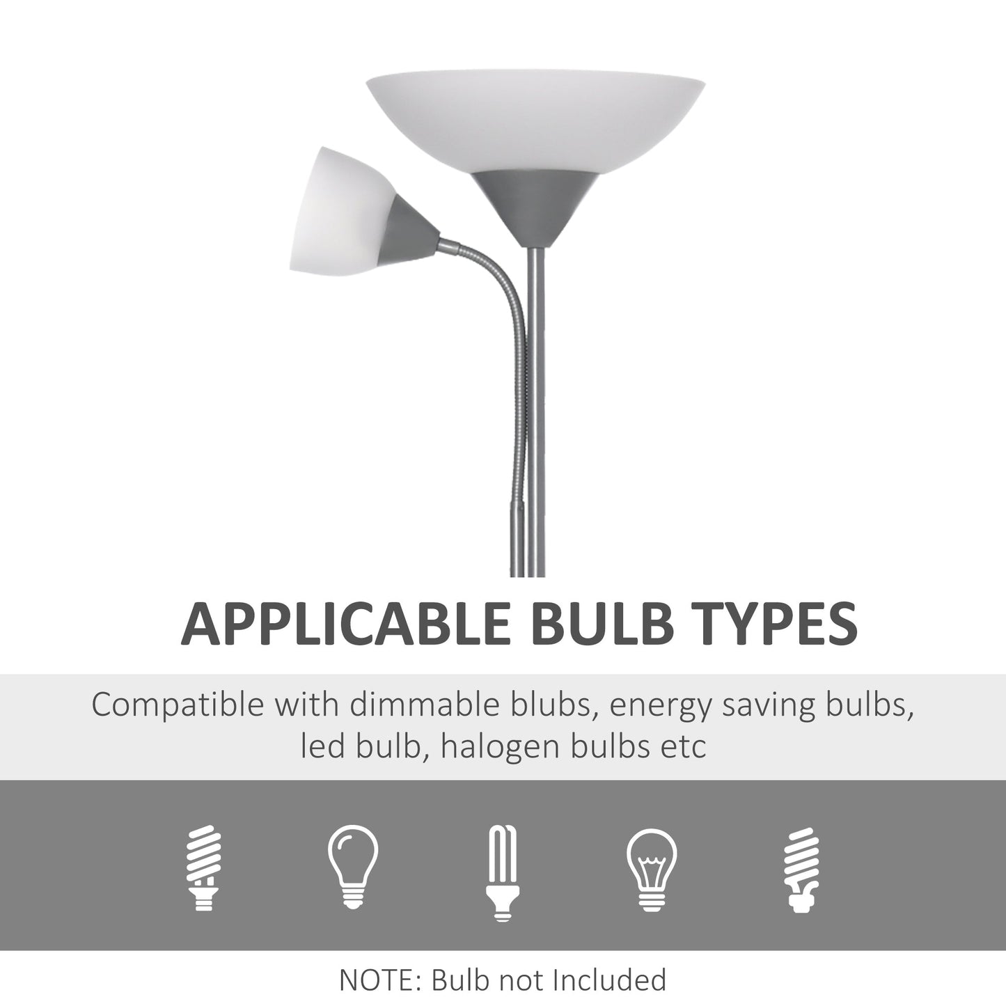HOMCOM Modern Floor Lamp, Uplighter 2-Light Tall Standing Lamp with Adjustable Heads,  for Living Room, Bedroom, Office