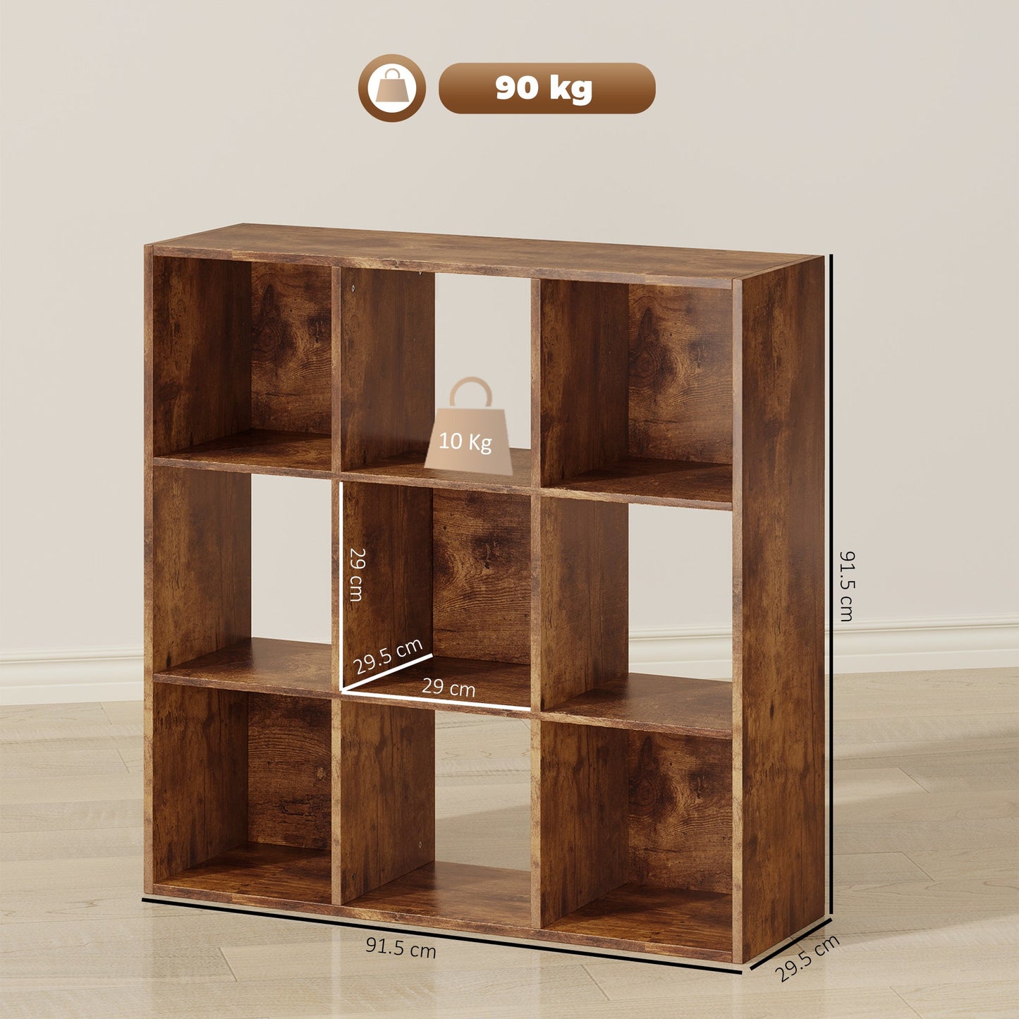 HOMCOM 3-tier 9 Cubes Storage Unit Particle Board Cupboard Bookcase Organiser Home Office Shelves, Rustic Brown
