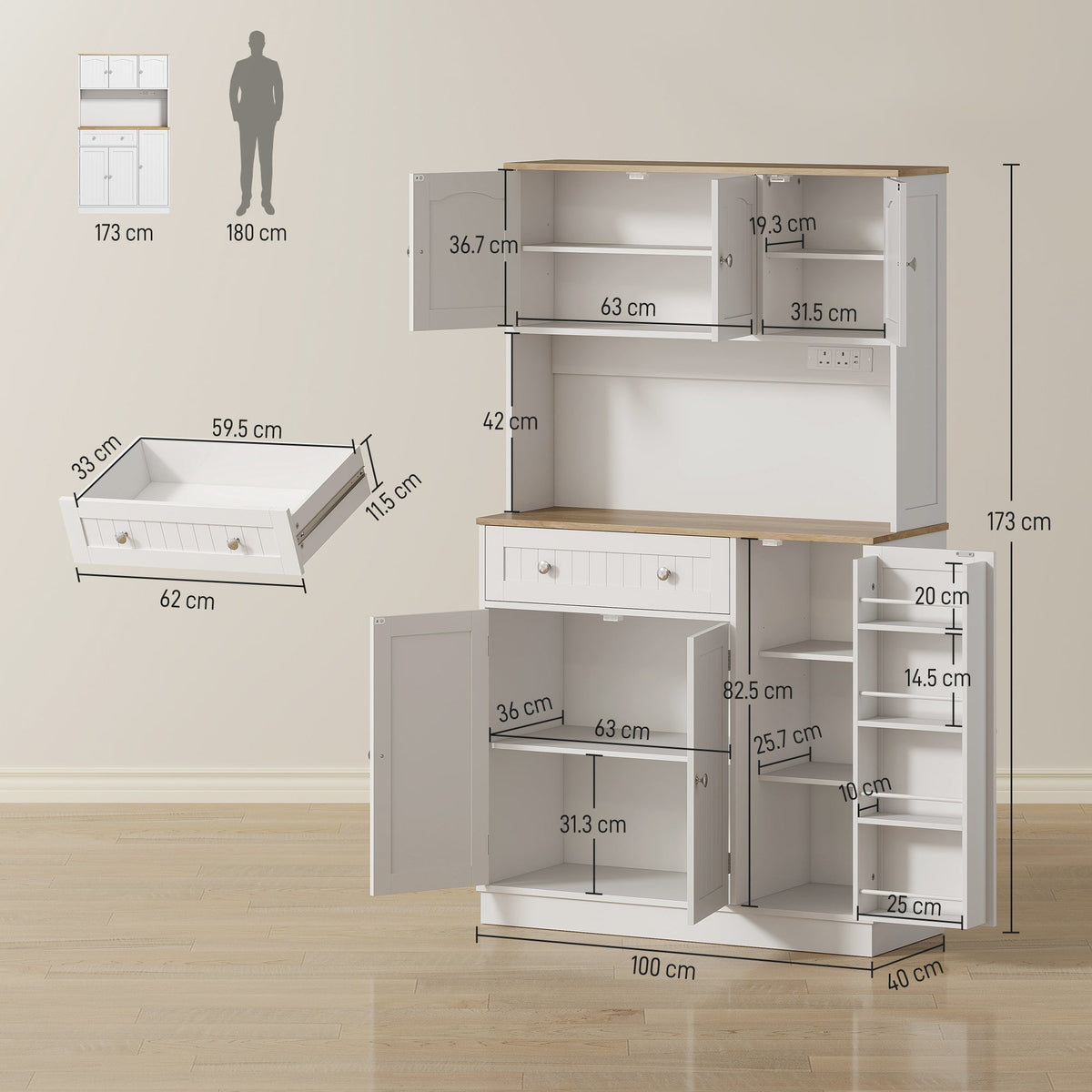 HOMCOM 173 cm Tall Kitchen Cupboard with Charging Station, Pantry Storage Cabinet with Adjustable Shelves and 4 Door Racks