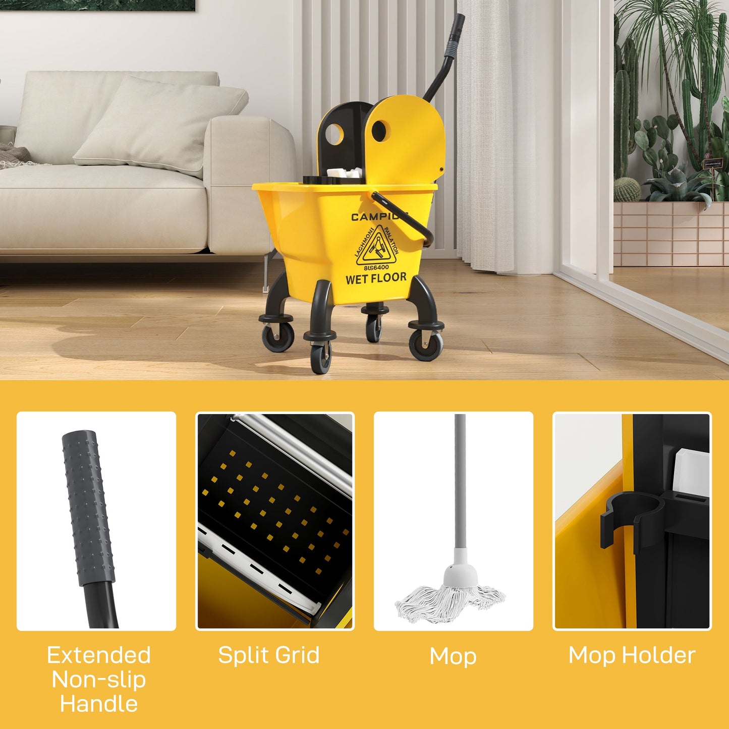 HOMCOM 26 Litre Mop Bucket, with Wringer and Mop - Yellow