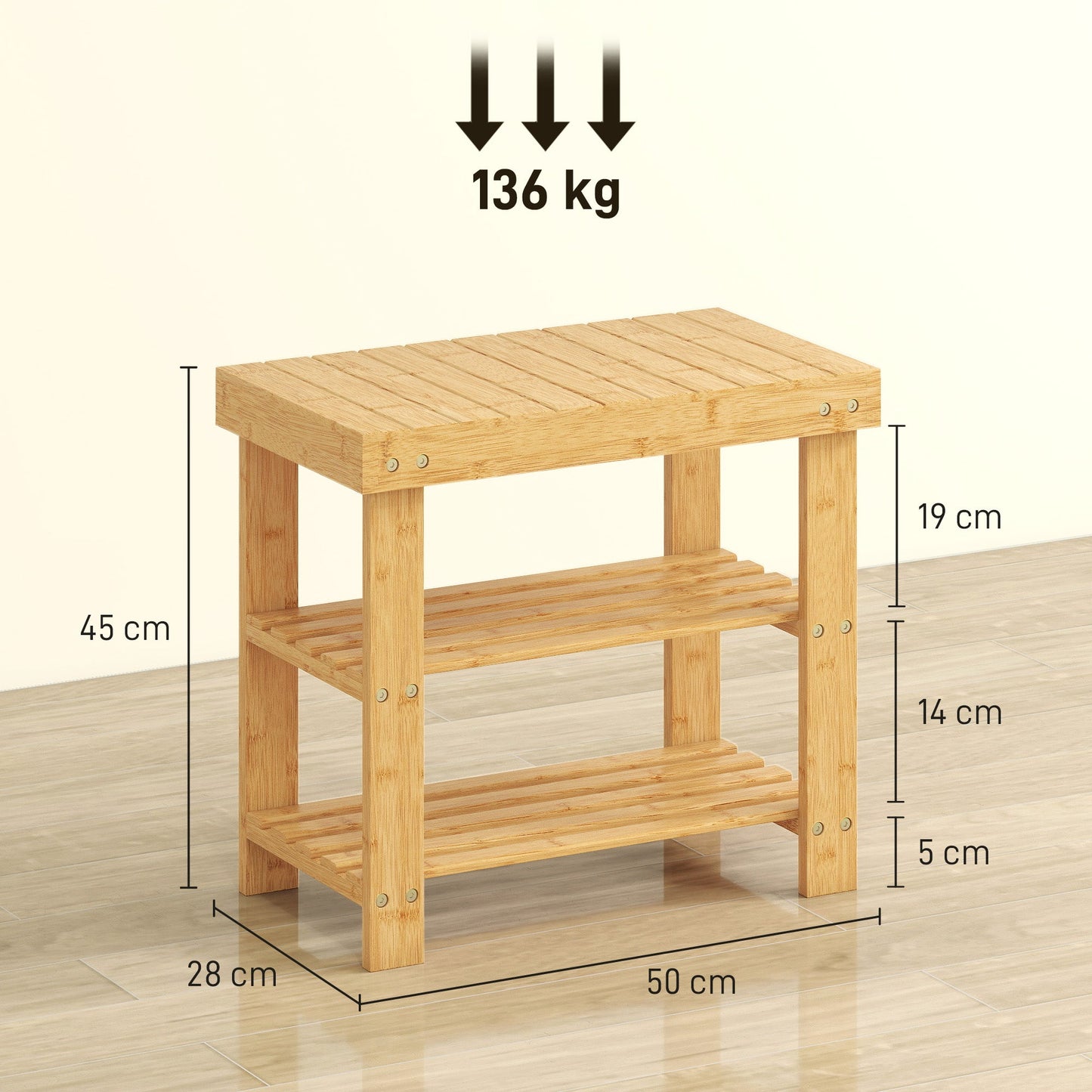 HOMCOM Two Shelf Bamboo Shoe Storage Bench - Natural Finish