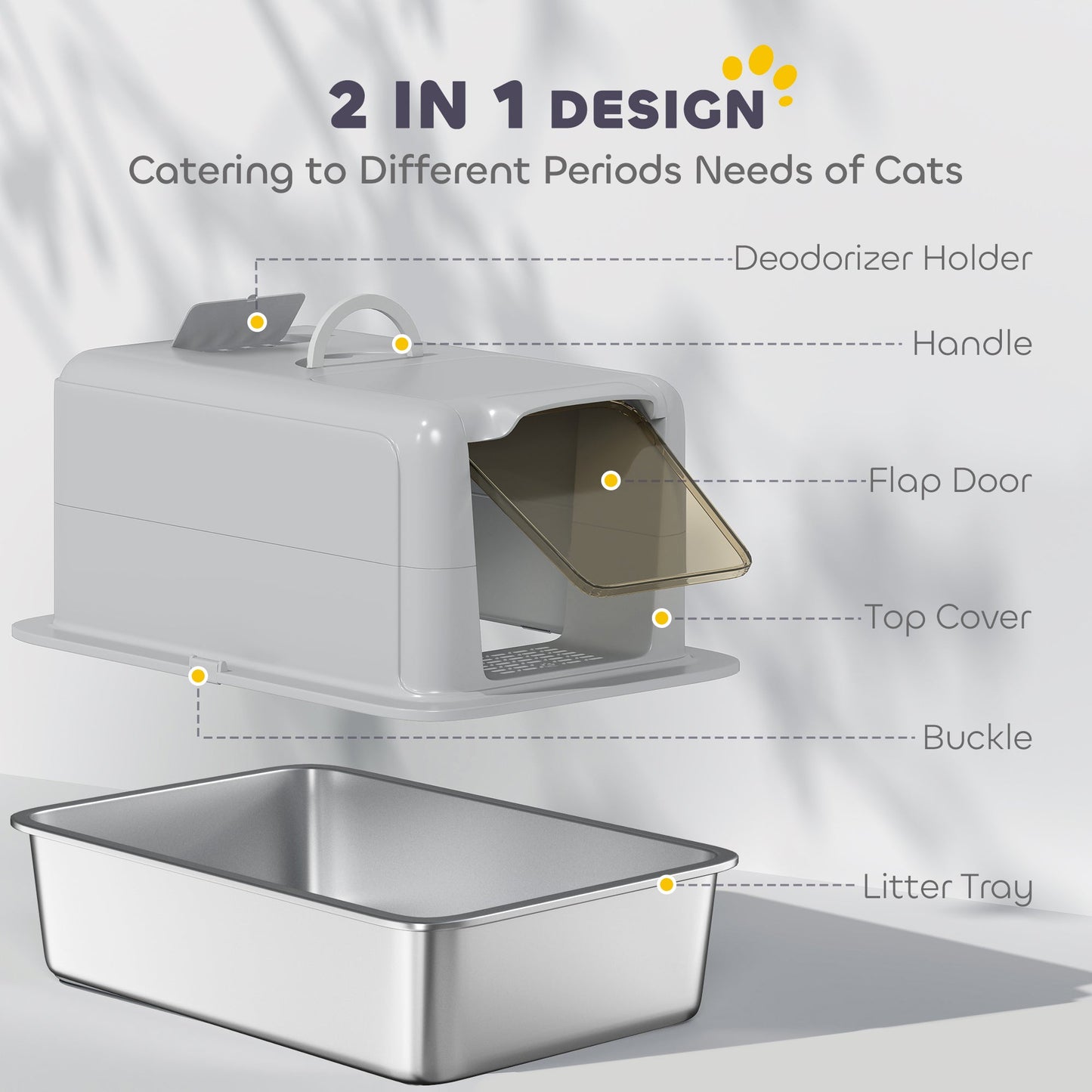 PawHut Stainless Steel Cat Litter Box with Removable Lid, Scoop, Filter Bags, for Larger Cats, Grey