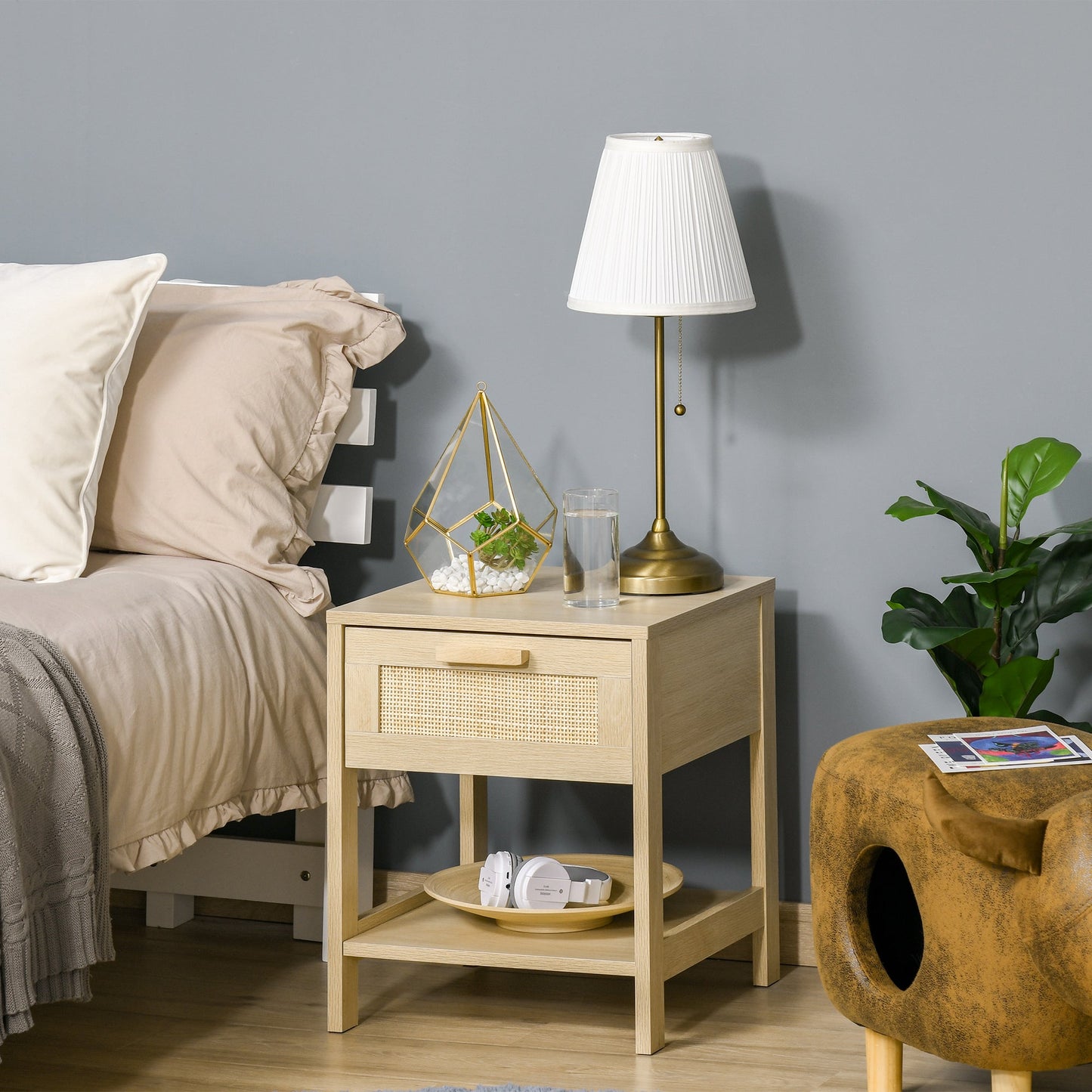 HOMCOM Bedside Table Set of 2 with Rattan Drawer, Rustic Side Tables with Storage Shelf for Bedroom, Living Room, Natural