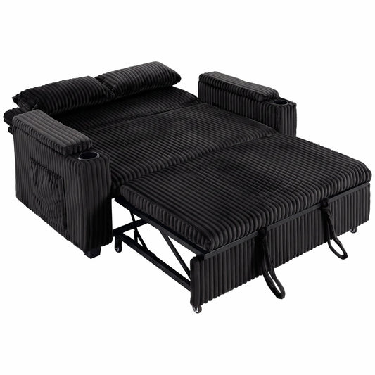 HOMCOM 2 Seater Sofa Bed, Pull Out Sleeper Sofa w/ Adjustable Backrest, Storage Armrests, Cup Holders, Side Pockets, Black
