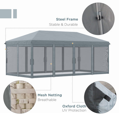Outsunny 3 x 6m Pop Up Gazebo, Outdoor Canopy Shelter, Marquee Party Wedding Tent with 6 Mesh Walls and Carry Bag, Grey