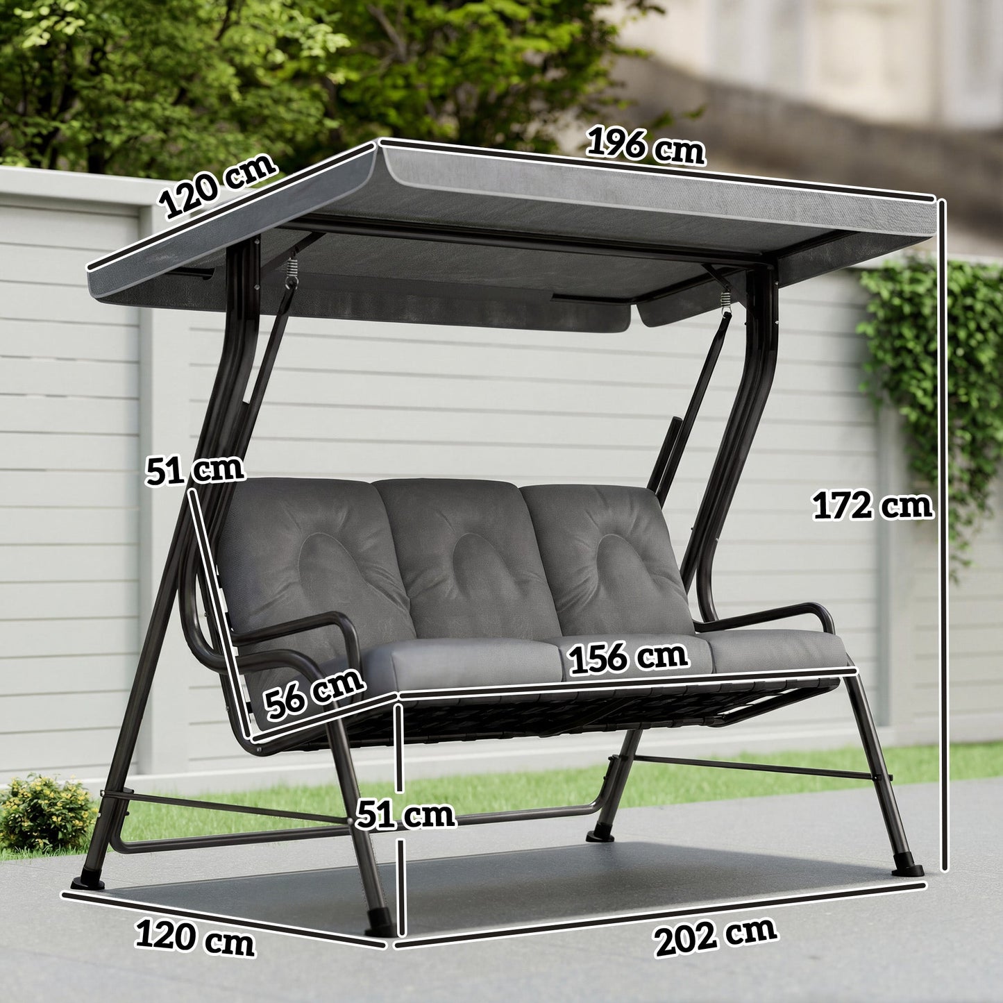 Outsunny 3-Seater Garden Swing Seat, Outdoor Swing Chair with Adjustable Waterproof Canopy, Light Grey