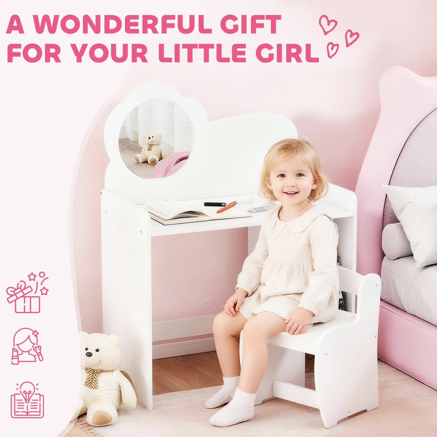 AIYAPLAY Kids Dressing Table with Mirror, Stool, Kids Vanity Table with Shelves, for Ages 3-8 Years, White