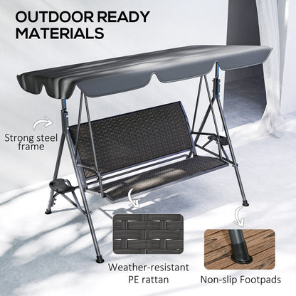 Outsunny 3 Seater Swing Chair, Garden Swing Seat Bench with Adjustable Canopy, Rattan Seat and Steel Frame for Patio, Yard, Grey