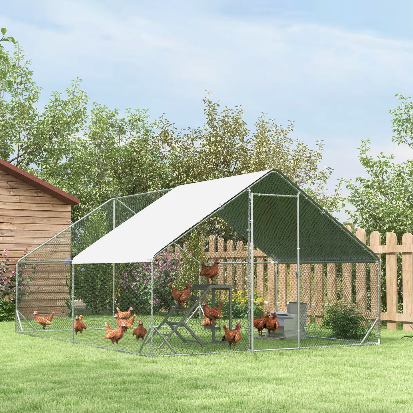 PawHut Chicken Run Galvanised Walk-in Chicken Coop Hen Poultry House Cage Rabbit Hutch Pet Playpen Garden w/ Water-Resist Cover, 3 x 4 x 2m