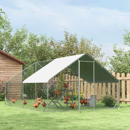 PawHut Chicken Run Galvanised Walk-in Chicken Coop Hen Poultry House Cage Rabbit Hutch Pet Playpen Garden w/ Water-Resist Cover, 3 x 4 x 2m