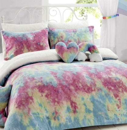 Tie Dye Rainbow Ultra-Soft Teddy Fleece Duvet Set for Kids Reversible Bedding with Cushion and Throw Single and Double Beds by OLIVIA ROCCO
