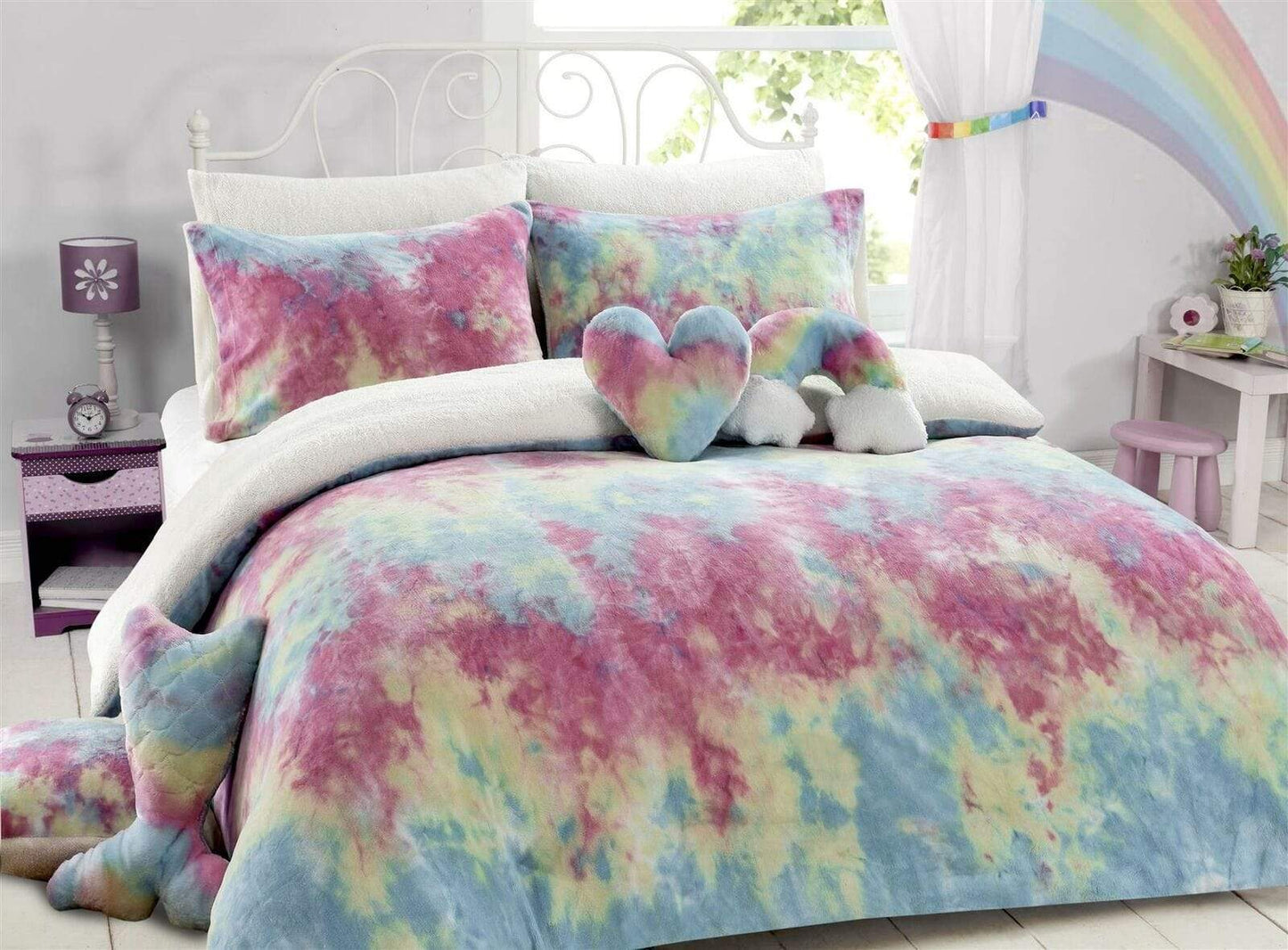 Tie Dye Rainbow Ultra-Soft Teddy Fleece Duvet Set for Kids Reversible Bedding with Cushion and Throw Single and Double Beds by OLIVIA ROCCO