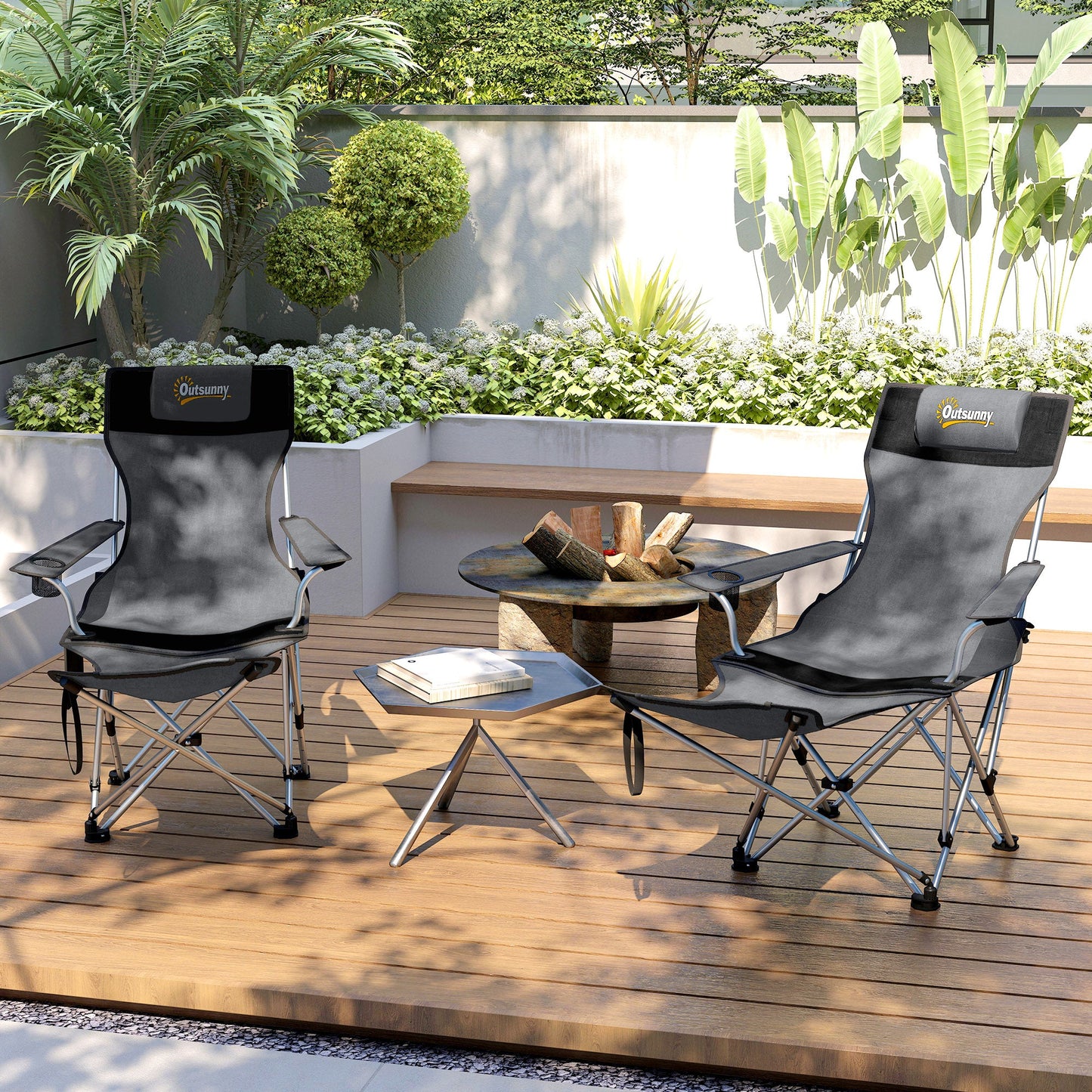 Outsunny Set of 2 Reclining Folding Camping Chair w/ Detachable Footrest, Storage Bag, Cup Holder & Headrest, Lightweight Portable Camp Chair for Beach, Picnic, Grey and Black