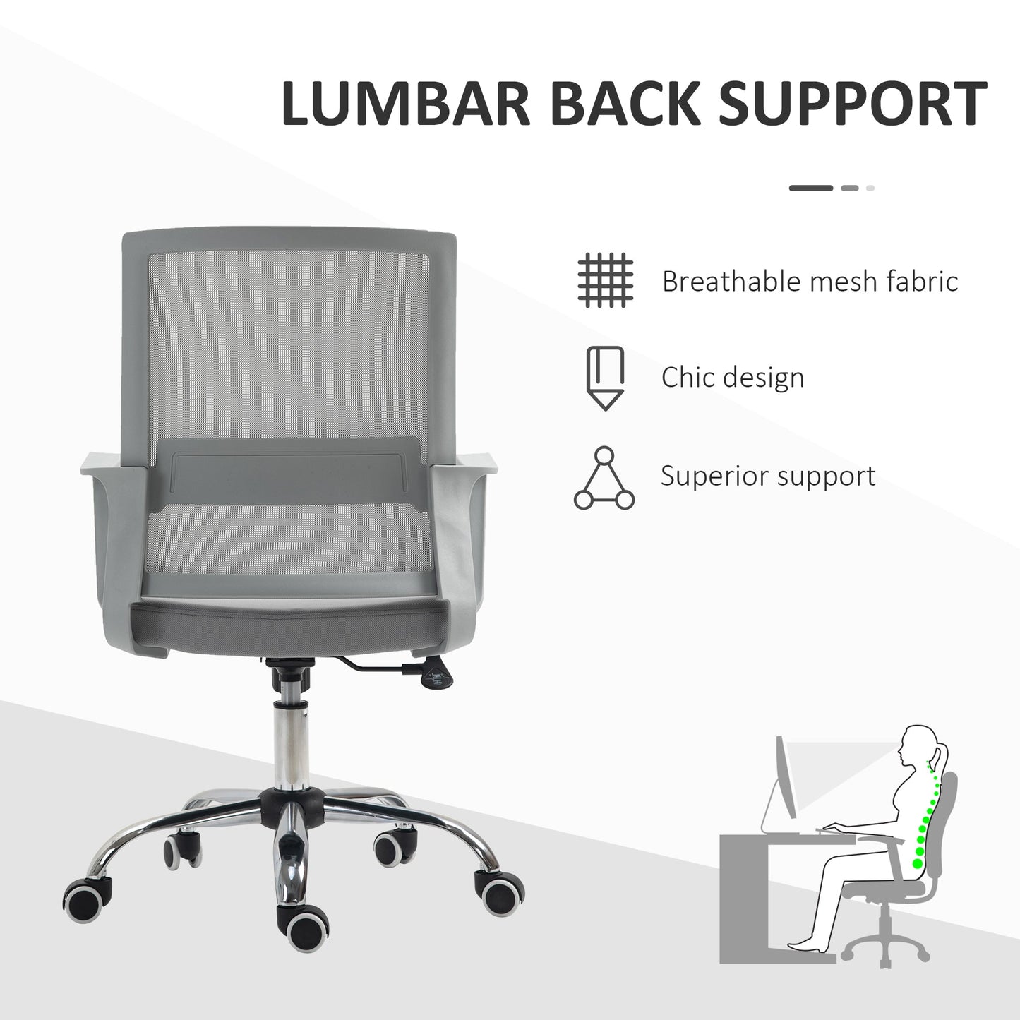 Vinsetto Ergonomic Desk Chair Mesh Office Chair with Adjustable Height Armrest and 360\'c2\'b0 Swivel Castor Wheels Grey