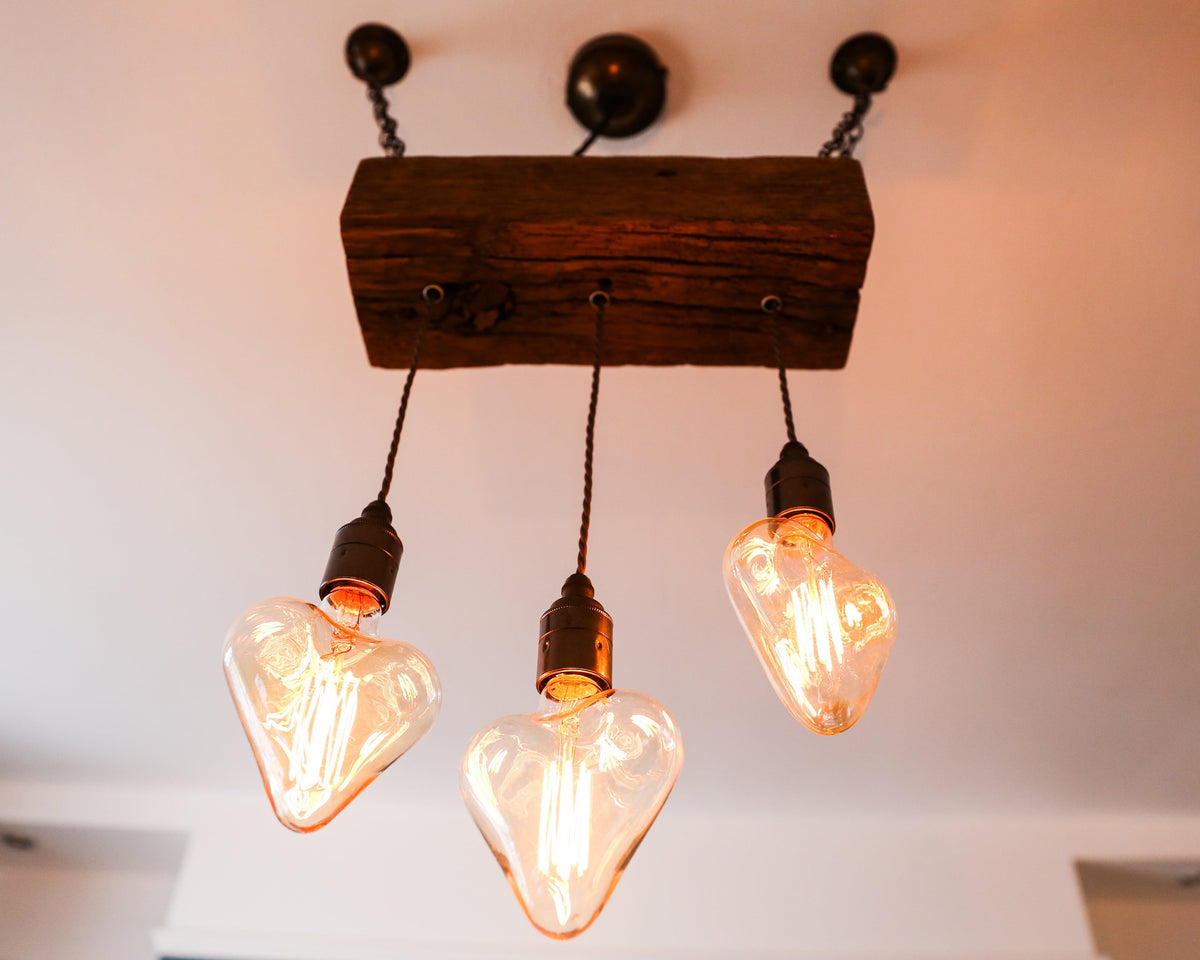 Triple Pendant Light with Heart Bulbs | Oak Kitchen Island & Romantic Dining Lighting UK
