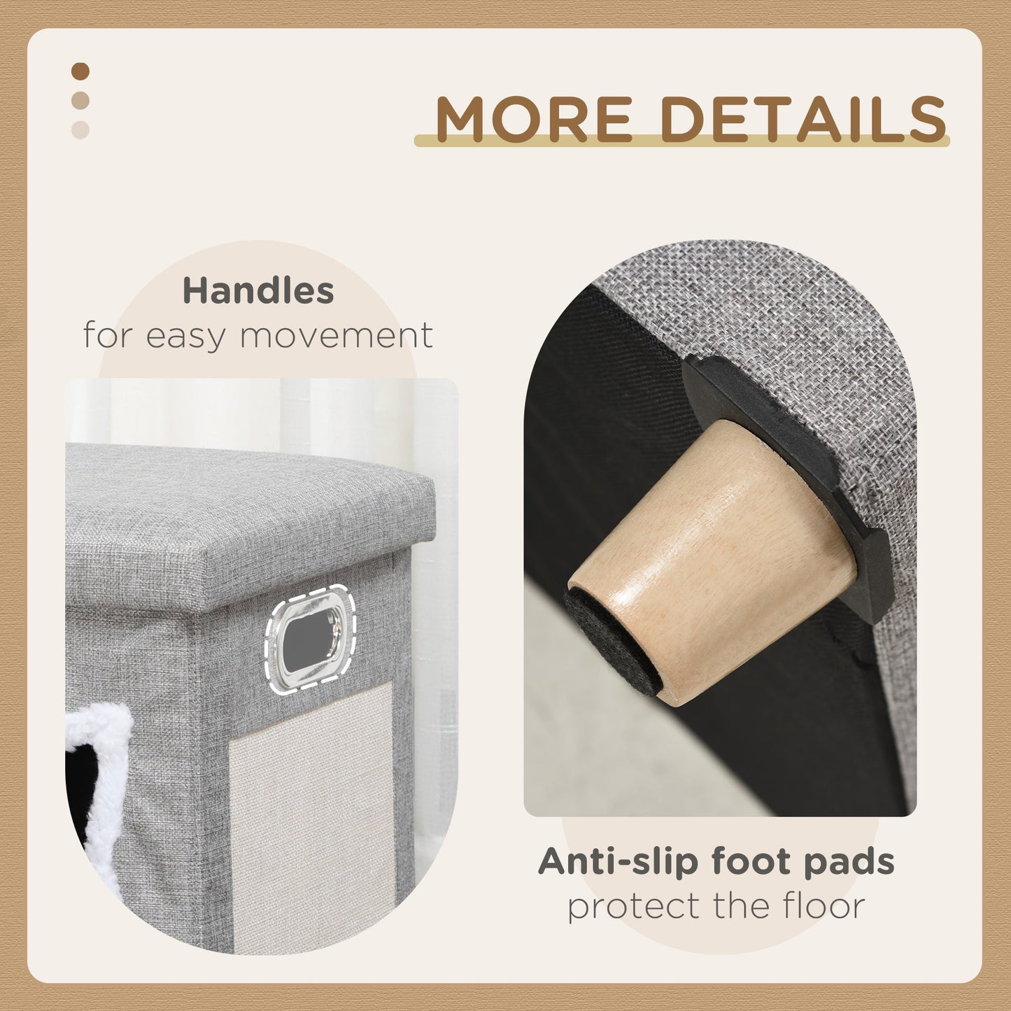 PawHut 2 in 1 Cat Bed Ottoman, Comfortable Cat Sleeping Cave House w/ Removable Cushion, Scratching Pad, Handles, Anti-Slip Foot Pad, Toy Ball, Entrance - Grey