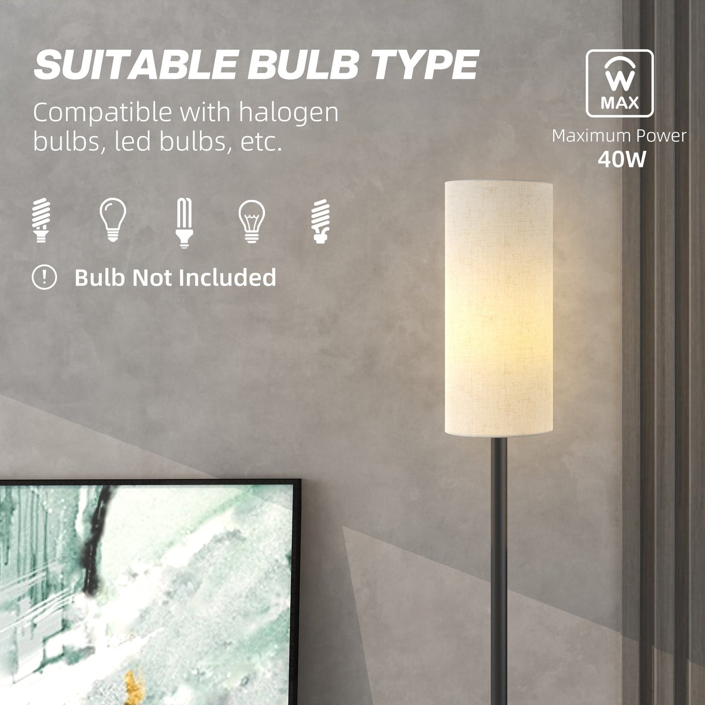 HOMCOM Floor Lamp for Living Room, Modern Standing Lamp with Linen Shade & Foot Switch, Minimalist Tall Pole Lampshade for Bedroom, Office, White