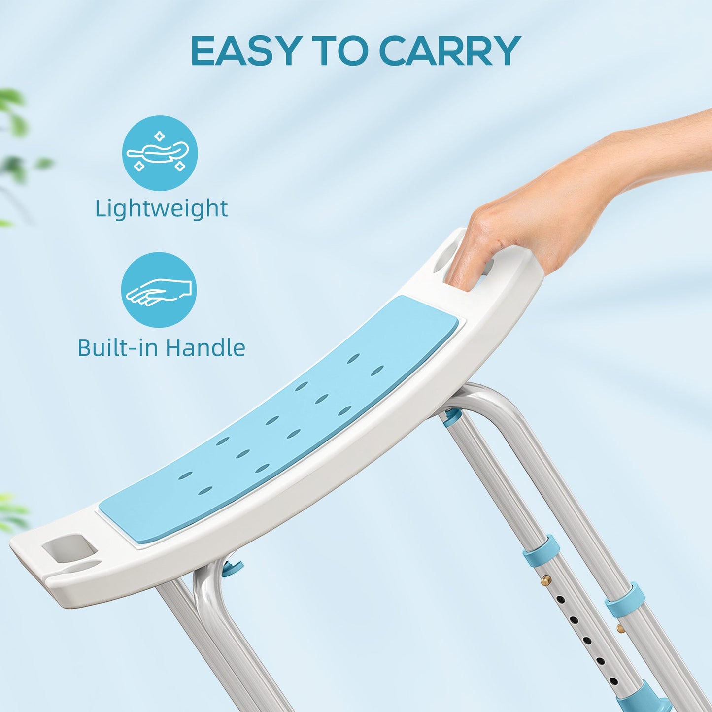 HOMCOM 6-Level Height Adjustable Aluminium Bath Room Stool Chair Shower Non-Slip Design w/ Padded Seat Drainage Holes Foot Pad, Turquoise